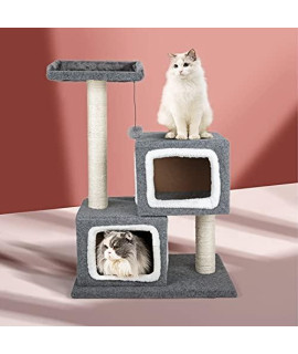 Cat Tree Cat Tower Cat Condo Scratching Resistant 39.4 Inches Double Condos for Large Cats and Indoor Cats Kittens Grey with Sisal Ball