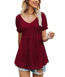 Lomon Womens Summer Babydoll Tops Puff Short Sleeve Blouses V Neck T Shirts Tees Burgundy, S
