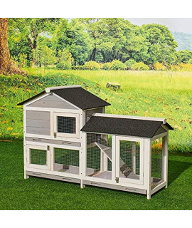 Rabbit Hutch Bunny Cage Chicken Coop Wood Small Animal House for Guinea Pig Bunny Hutch with Removable Tray, Ramp, Run Area, Waterproof Roof Outdoor Indoor