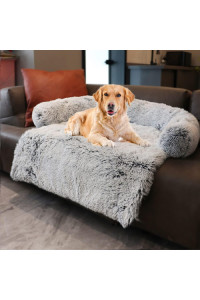 Yapudoo Plush Dog Bed Sofa Cover, Deluxe Plush Soft Pet Couch Protector Pet Beds, Couch Cover for Large Dogs, Removable Washable Anti-Slip Pet Bed with Memory Foam Neck Bolster Silver Gray Large
