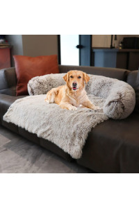 Yapudoo Plush Dog Bed Sofa Cover, Deluxe Plush Soft Pet Couch Protector Pet Beds, Couch Cover for Large Medium Dogs, Removable Washable Anti-Slip Pet Bed with Memory Foam Neck Bolster Brown Large