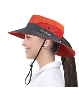 Lesgrod Womens Ponytail Sun Hat Uv Protection Bucket Hats Foldable Wide Brim Hat For Beach Fishing Hiking Orange