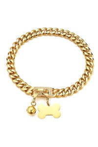 Aiyidi Dog Chain Collars 18K Gold Plated Stainless Steel Metal Chain 15mm/19mm with CZ Diamond Design Buckle Bling Dog Collar with ID Tag Dog Bell Waterproof Chewy for Dog Walking Training (15mm,10'')