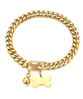 Aiyidi Dog Chain Collars 18K Gold Plated Stainless Steel Metal Chain 15mm/19mm with CZ Diamond Design Buckle Bling Dog Collar with ID Tag Dog Bell Waterproof Chewy for Dog Walking Training (15mm,10'')