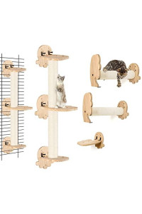 Wall Mounted Cat Scratching Post with Stair, Cat Wall Shelves 3 Levels Steps with Unique Wood Shape, 39" Tall Sisal Rope Kitten Activity Tree Furniture Cage Mounted, Pet Ladder Climber for Indoor Home