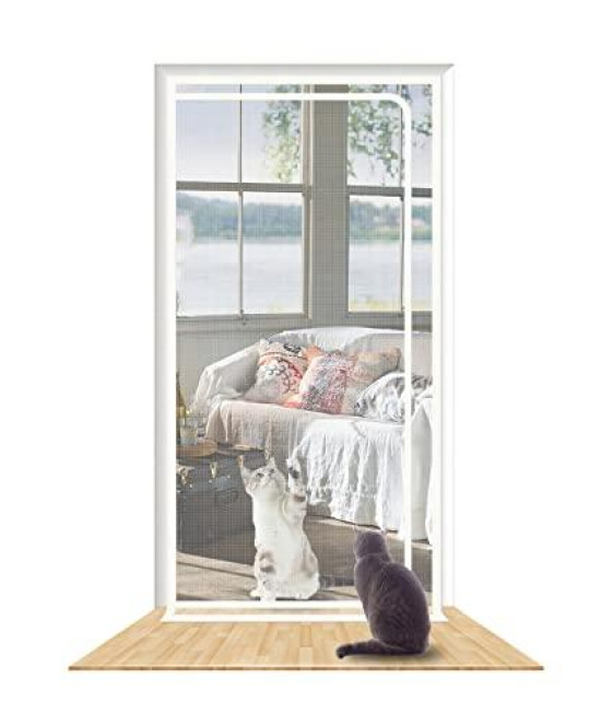 Shrrl Reinforced Cat Screen Door Fits Door Size 32X 80, Pet Resistant Mesh Screen Door, Pets Proof Zipper Screen Door For Living Room, Bedroom, Kitchen, Patio, Stop Cats Dogs Running Out