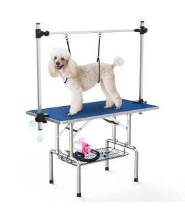 Lyromix Adjustable Pet Large Foldable Dog Grooming Table with Arms, Noose, Mesh Tray, Maximum Capacity Up to 330Lb, 46in, Blue