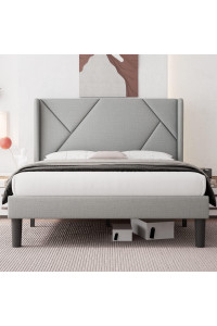 Ipormis Queen Size Modern Wingback Bed Frame, Geometric Upholstered Platform Bed With 24 Headboard, 8 Storage Space, Wood Slats Support, No Box Spring Needed, Light Grey