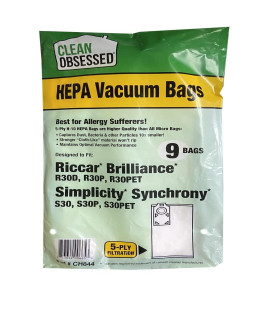 Clean Obsessed H-10 HEPA Bags Fits Riccar Brilliance R30D, R30P, R30PET & Simplicity Synchrony S30, S30P, S30PET. (9 Bag Pack)