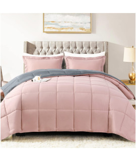 Satisomnia Lightweight Comforter Set Twin Pink, All Season Down Alternative Bed Comforter Sets With 1 Pillow Sham, 2 Pieces Comforters Set Ultra Soft Reversible, Pink And Grey Twintwin Xl Size