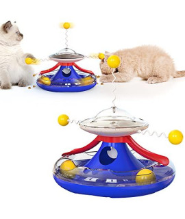 Cat Tracks Toy Roller 2-Level Windmill Turntable Cats Toys Kitten Teaser Stick Balls Kitty Ball Food Dispenser Interactive Pet Supplies for Indoor Birthday Gift (American Blue)