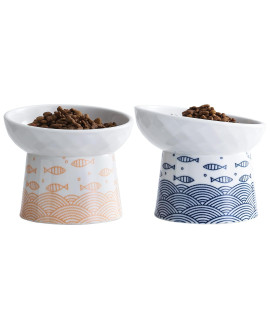 Ceramic Raised Cat Bowls, Elevated Tilted Cat Food And Water Bowls Set, Porcelain Stress Free Pet Feeder Dish For Cats And Small Dogs, Dishwasher And Microwave Safe, Set Of 2