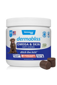 Vetnique Labs Dermabliss Dog Allergy and Itch Relief, Skin and Coat Health Supplements and Grooming Supplies with Omega 3-6-9, Biotin - Ditch The Itch (Omega Chews, 60ct)
