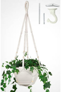 Shineloha 43 Inches Macrame Plant Hanger Large For Up To 12 Inch Pot Extra Long Hook No Tassel, Cotton Rope Hanging Plant Holder With Swag Hook, No Plantpot Included (White)