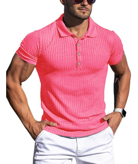 Urru Mens Muscle T Shirts Stretch Classic Ribbed Short Sleeve Casual Slim Fit Polo Golf Shirt Fluorescent Pink S