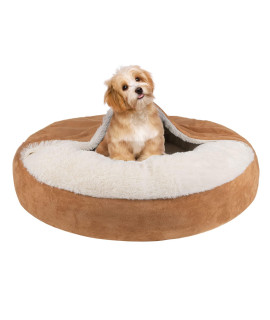 MICOOYO Covered Dog Bed Medium - Donut Camling Dog Beds for Medium Dogs with Hooded Blankets, Round Cuddler Pet Beds for Puppy Cats Washable (Khaki, 27")