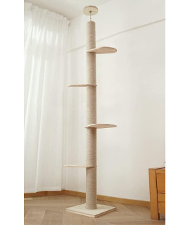 Modern Cat Tree Wooden Floor-to-Ceiling Cat Tree Tower, with Natural Sisal Rope Scratching Post, Height 92.5-98.5Inch,Cat Tree Activity Center Cat Climbing Tower for Kittens & Large Cats