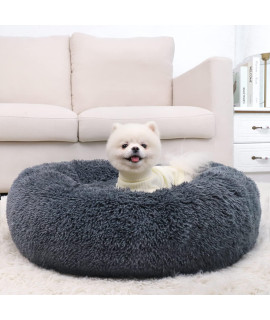 WAYIMPRESS Calming Dog Bed for Medium Dogs & Cats,Washable Plush Round Pet Bed with Fluffy Faux Fur for Anti Anxiety and Cozy (28x28 Inch, Dark Grey