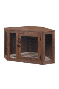 Unipaws Furniture Corner Dog Crate With Cushion, Dog Kennel With Wood And Mesh, Dog House, Pet Crate Indoor Use, Walnut, Medium