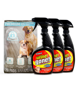 Urine Gone & Puppy Pad Bundle - Urine Gone Pet Stain and Odor Remover (3 x 24 oz Bottles) + Absorbent and Waterproof Puppy Pads (20 ct)