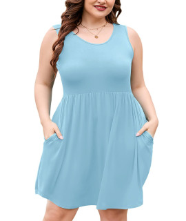 Auslook Plus Size Summer Tank Dress For Women Light Blue 5X Casual Sleeveless Crewneck Flowy Pleated Sun Maternity Tunic Dresses Babydoll Tshirt Swing Vacation Sundresses With Pockets