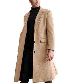Somthron Mens Casual Trench Coat Slim Fit Notched Collar Long Jacket Overcoat Single Breasted Pea Coat Wih Pockets Kh-S