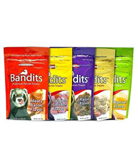 Petlewa Marshalbandits Premium Ferret Treats Variety Pack - 5 Flavors Chicken, Raisin, Peanut Butter, Banana, And Meaty Bacon - 3 Ounces Each 5 Total Pouches