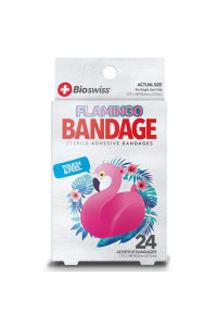 Bioswiss Flamingo Shaped Bandages First Aid Latex Free Adhesive Bandage For Kids And Adults, 24 Pack