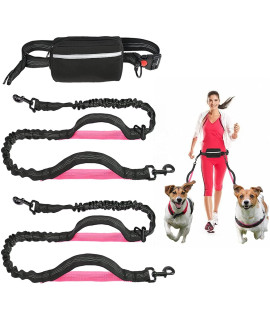 Double Dog Leash | Hands Free Dog Leash for 2 Dogs | Waist Dual Dog Leash for Walking & Running & Hiking | Comfortable Shock Absorbing Reflective Bungee | 360?Swivel & Pouch (Dual-Pink)