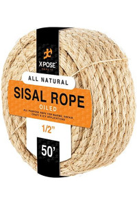 Sisal Rope - 1/2 Inch Thick Rope - 50 Ft Rope - Heavy Duty Durable Natural Fiber Rope - Crafts, Cat Scratching Post, Cat Tree Rope Replacement, Scratch Tower for Cats - Indoor/Outdoor Carpet
