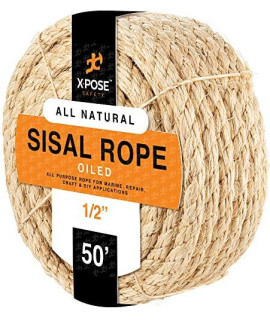 Sisal Rope - 1/2 Inch Thick Rope - 50 Ft Rope - Heavy Duty Durable Natural Fiber Rope - Crafts, Cat Scratching Post, Cat Tree Rope Replacement, Scratch Tower for Cats - Indoor/Outdoor Carpet