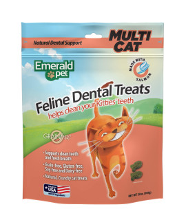 Emerald Pet Feline Dental Treats - Tasty and Crunchy Cat Dental Treats Grain Free - Natural Dental Treats to Clean Teeth, Freshen Breath, and Reduce Plaque and Tartar Buildup - Salmon Treats, 32 oz