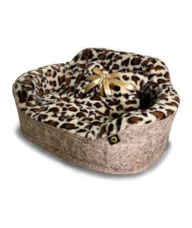 Precious Tails Plush Leopard Princess Pet Bed for Small Dogs and Cats, Round Cuddler with Vegan Leather Exterior, Taupe