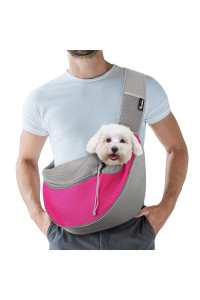 Pawaboo Pet Dog Sling Carrier, Hand Free Drawstring Dog Papoose with Adjustable Strap, Breathable Mesh Bag for Puppy Cat, Crossbody Satchel Dog Purse with Pocket for Outdoor Travel, Rose Red, Small