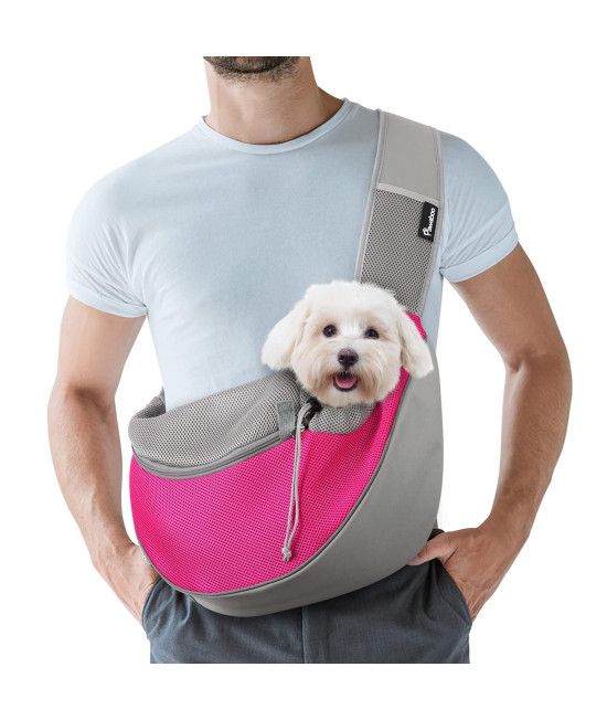 Pawaboo Pet Dog Sling Carrier, Hand Free Drawstring Dog Papoose with Adjustable Strap, Breathable Mesh Bag for Puppy Cat, Crossbody Satchel Dog Purse with Pocket for Outdoor Travel, Rose Red, Small
