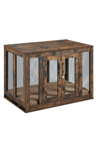Unipaws Furniture Style Dog Crate With Cushion And Tray, Mesh Dog Kennels With Double Doors, End Table Dog House, Medium And Large Crate Indoor Use (Medium, Rustic)