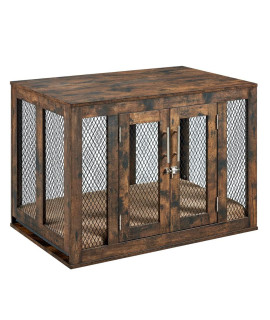 Unipaws Furniture Style Dog Crate With Cushion And Tray, Mesh Dog Kennels With Double Doors, End Table Dog House, Medium And Large Crate Indoor Use (Medium, Rustic)