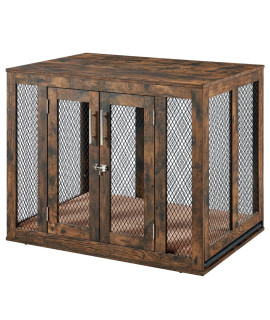 unipaws Furniture Style Dog Crate with Cushion and Tray, Mesh Dog Kennels with Double Doors, End Table Dog House, Medium and Large Crate Indoor Use (Large, Rustic)
