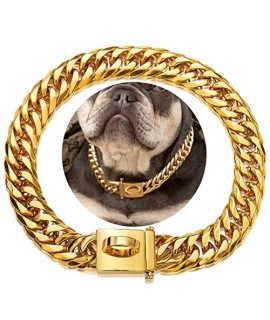 W/W Lifetime Gold Chain Dog Collar 16MM 18K Gold Cuban Link Dog Collar with Secure Snap Buckle Gold Dog Chain Metal Collar for Small Pitbull (16MM, 22")