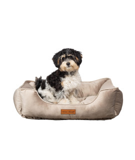 Modern Threads Luxury Dog Bed - Comfortable Tufted Velvet Cushion for Small to Medium Dogs - Machine Washable - Durable & Cute Sleep Space for Pets - Pamper Your Pet with Cozy Beds - Beige