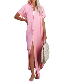 Herseas Womens Summer Beach Button Down Dress Kimonos Long Cardigan Short Sleeve Side Split Casual Solid Loose Fit Bathing Suit Swimsuit Cover Ups For Women Pink Medium 8 10