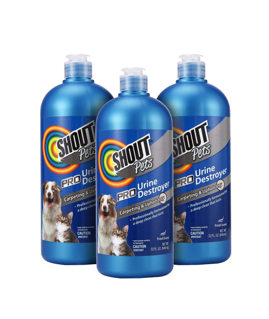 SHOUT Pets Pro Strength Urine Remover Carpet Cleaner for Pets in Fresh Scent | Urine Remover Carpet Cleaner for Cat and Dog Urine Stains and Odors on Carpet, 32oz Bottle - 3 Pack