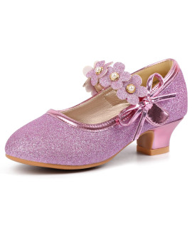 Pandaninjia Doris Girls Dress Shoes, Girls Heels, Mary Jane Low Heels For Girls Kids Toddler, Flower Girl Wedding Party School Shoes (Purple Glitter, 11 Little Kid)