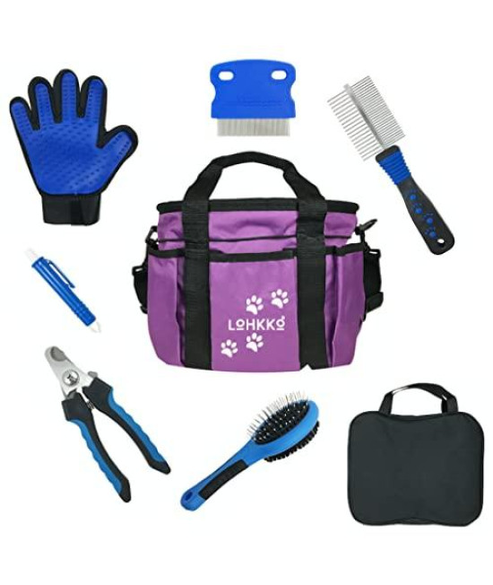 8-Piece Dog Cat Pet Grooming Kit with Organizer Pouch and Travel and Storage Tote, Accessories- Nail Clippers Tweezers Comb, Double-Sided Brush, Detangling Glove, Tear-stain remover comb (purple)