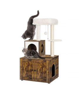 Fourfurpets Multipurpose Cat Litter Box Enclosure With Cat Tree And Condo, Side Table, With Large Platform, Cat House, Full Sisal Posts, Removable Washable Cushion, Rustic Brown
