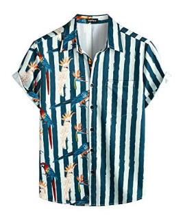Vatpave Mens Hawaiian Flamingo Shirts Casual Short Sleeve Button Down Shirt Summer Shirts Large Navy Parrot Print