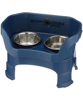 Neater Feeder Deluxe with Leg Extensions for Medium Dogs - Mess Proof Pet Feeder with Stainless Steel Food & Water Bowls - Drip Proof, Non-Tip, and Non-Slip - Dark Blue