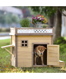 31.5" Outdoor Wooden Dog House, Kennel with Flower Stand, Plant Stand and Wood Feeder Containing 2 Stainless Bowl, Brown