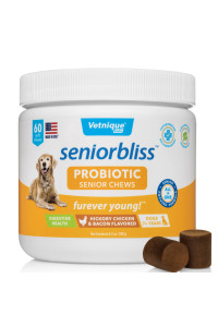 Vetnique Labs Seniorbliss Aging Dog (7+) Senior Dog Vitamins and Supplements, Supports Heart, Allergy, Arthritis, Skin and Coat - furever Young (Probiotic Chew, 60ct)