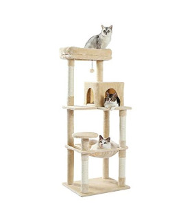 Plush Cat Tower,Wood Cat Tree Cat Tower with Double Condos Spacious Perch Sisal Scratching Post & Replaceable Dangling Balls for Indoor Cats (4-Tier, A)